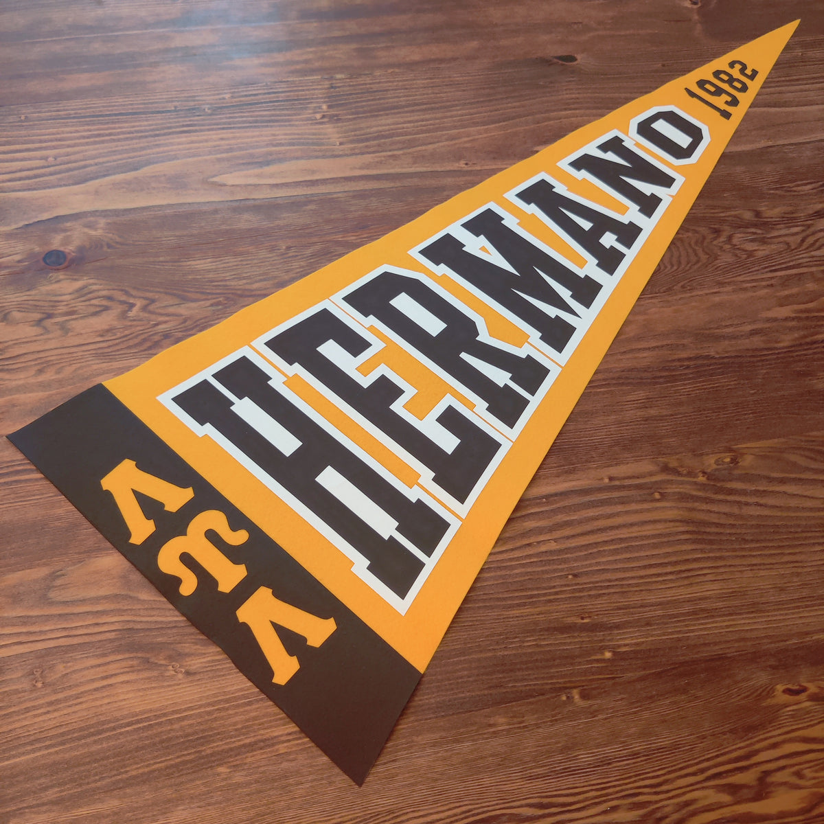 Hermano Felt Pennant Flag | 12"x30" Vintage Two-Tone Vinyl Design