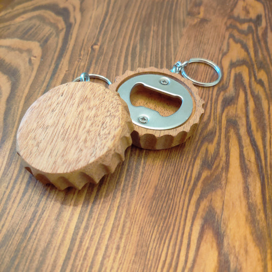 Handcrafted Hardwood Bottle Cap Opener Keychain | Reclaimed Wooden Keychain
