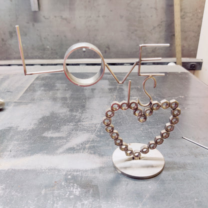 "LOVE IS NUTS" Stainless Steel Heart Sculpture | Handcrafted Industrial TIG Welded Art
