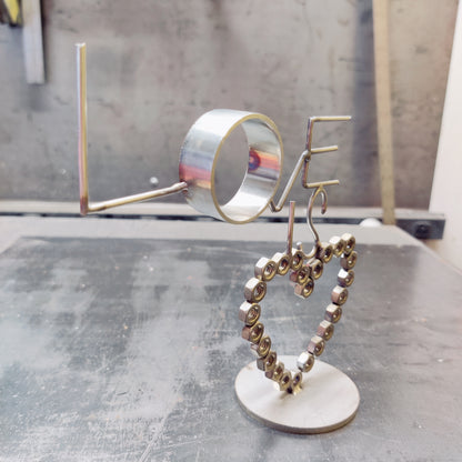 "LOVE IS NUTS" Stainless Steel Heart Sculpture | Handcrafted Industrial TIG Welded Art