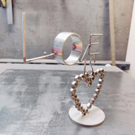 "LOVE IS NUTS" Stainless Steel Heart Sculpture | Handcrafted Industrial TIG Welded Art