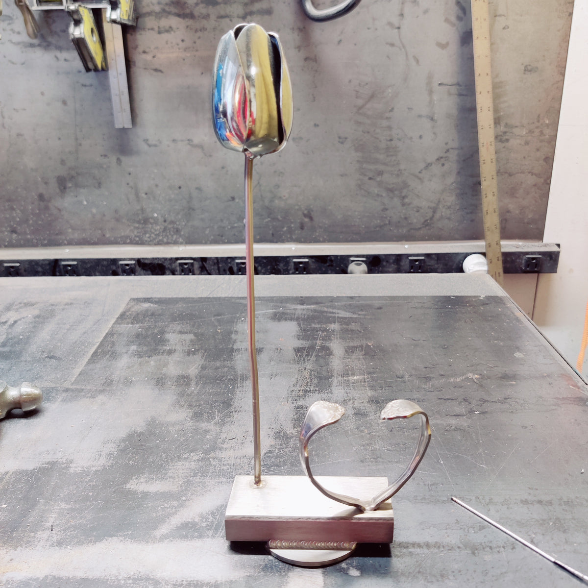 Handcrafted Stainless Steel Spoon Tulip & Heart Sculpture | TIG Welded Metal Art