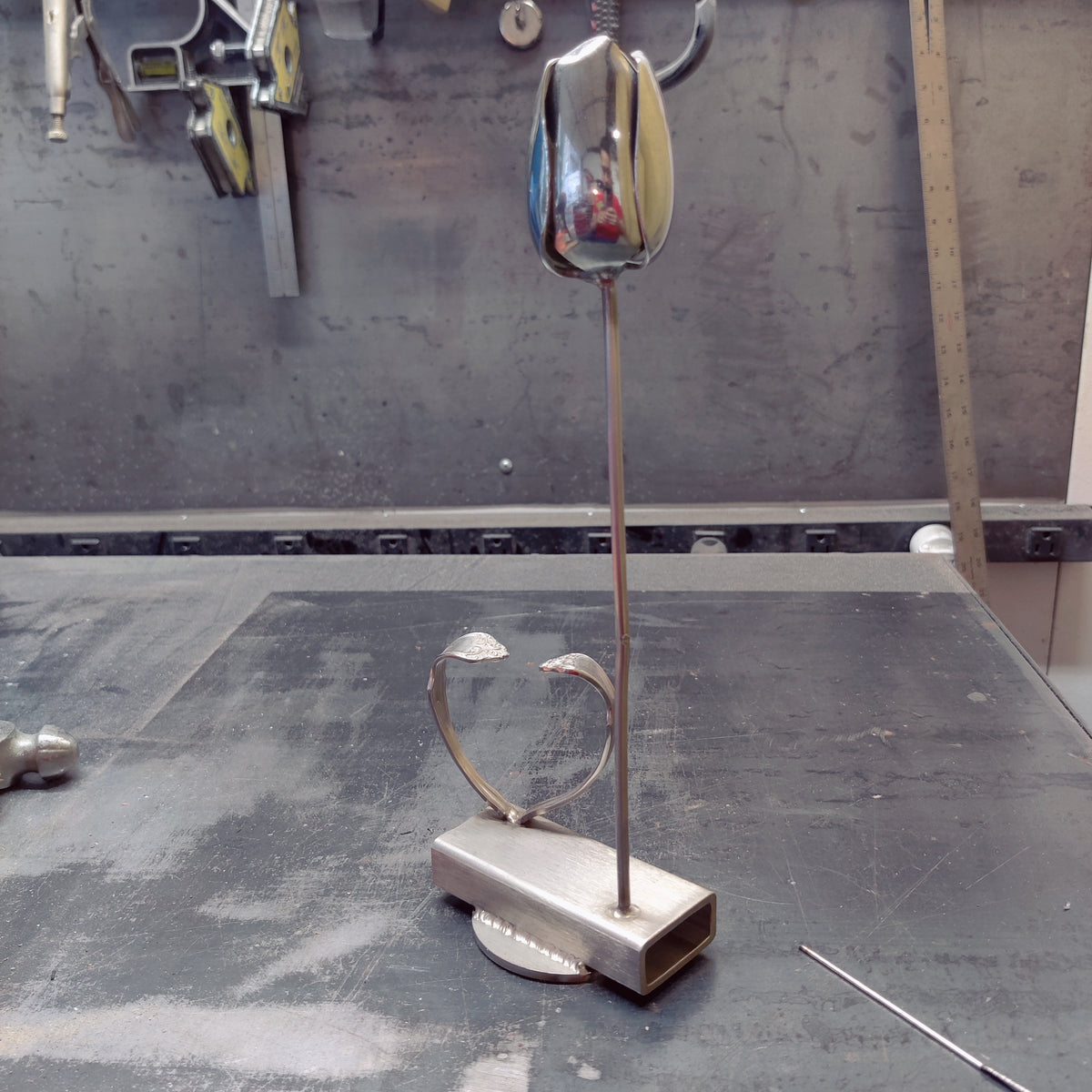 Handcrafted Stainless Steel Spoon Tulip & Heart Sculpture | TIG Welded Metal Art