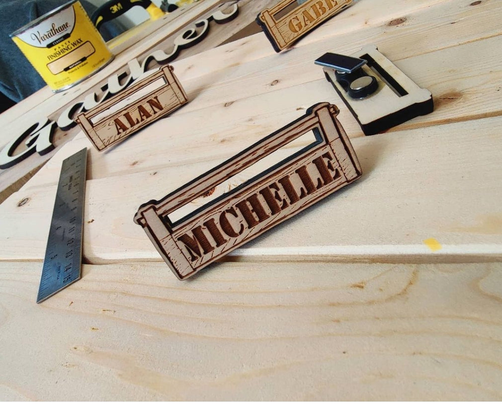 Personalized wooden magnetic name badge
Laser engraved Baltic Birch name badge
Custom toolbox name badge
Magnetic wooden badge for carpenters
Handmade engraved name badge