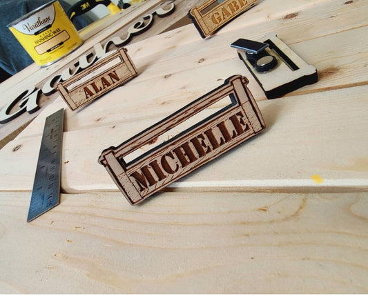 Personalized wooden magnetic name badge
Laser engraved Baltic Birch name badge
Custom toolbox name badge
Magnetic wooden badge for carpenters
Handmade engraved name badge
