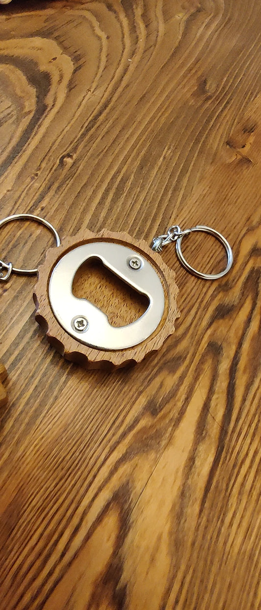 Handcrafted Hardwood Bottle Cap Opener Keychain | Reclaimed Wooden Keychain
